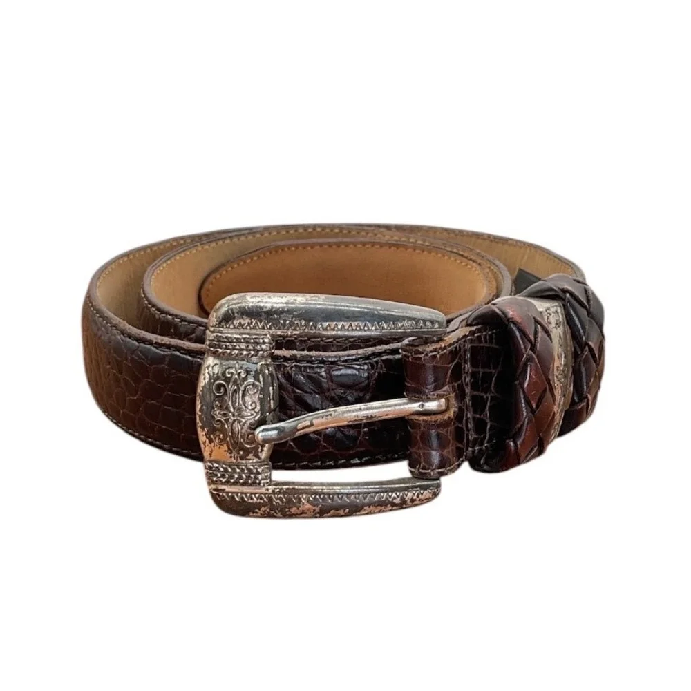 Brighton Womens Dark Brown Croc Embossed Leather Western Belt Silver Buckle M